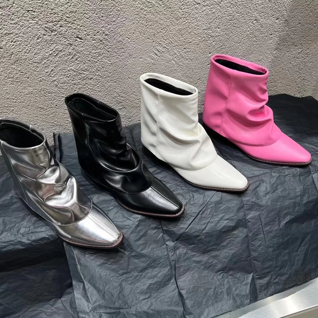 

Round Toe Women Mid Calf Boots 2022 New Arrivals Dress Shoes Flat Low Heels Silver Black White Pink Fashion Winter Pumps 35-39