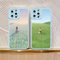 cartoon scenery girl phone case for iphone 7 8 plus se 2020 flower field for iphone x xr xs 13 11 12 pro max soft silicone cover