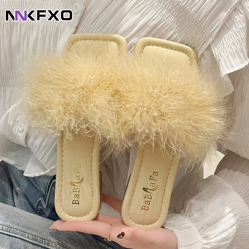 

Slippers Summer Female Sliders With Fur For Home yellow Jelly Sandals 2023 Girl Luxury Fur Flip-flops Beach vc6055