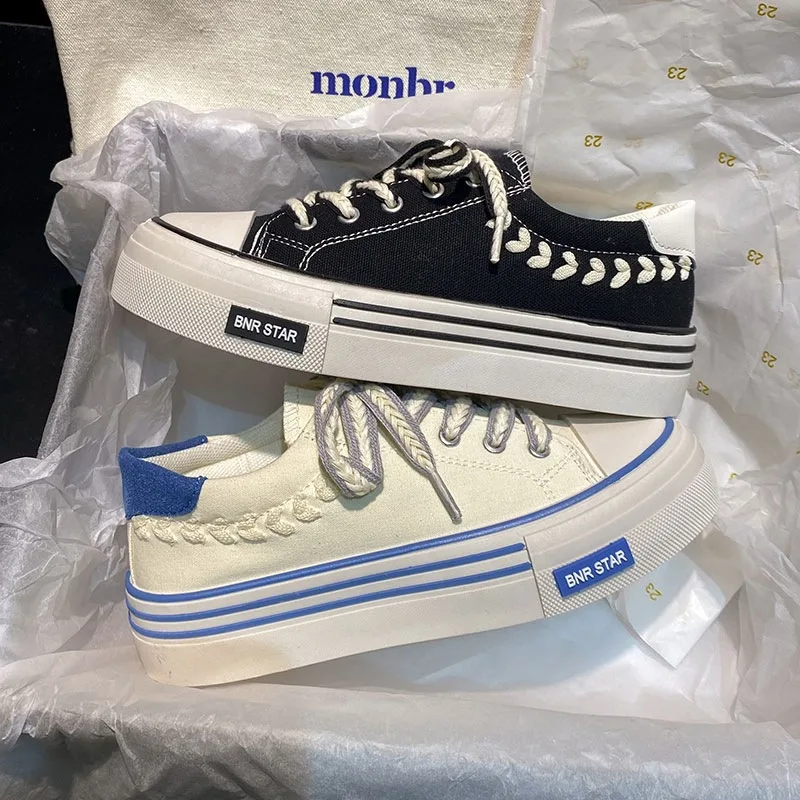 Vulcanized Shoe for Women Thick Base Wheat Ear Canvas Shoe Fashion Autumn Thin Design Casual Canvas Shoes Breathable Sneakers