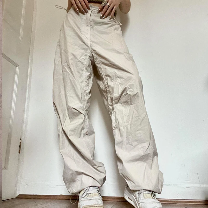 Women Casual Joggers Pants Vintage Hip Hop Low Waist Solid Baggy Trousers Y2K Fashion Streetwear Drawstring Wide Leg Cargo Pants
