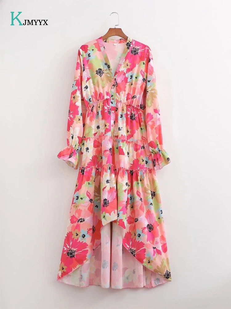 

2022 Summer New Women's Elegant Temperament V-Neck Lantern Sleeve Dress High Waist Pleated Waist Mid-Length Floral A-Line Dress
