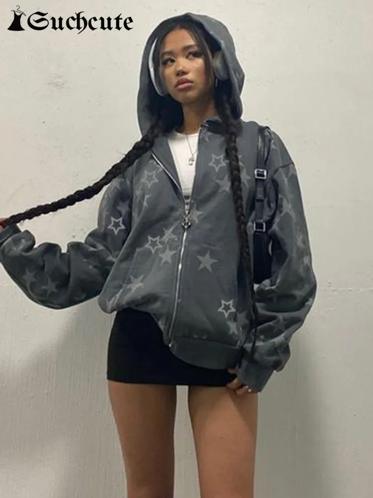 

SUCHCUTE Grunge Star Print Hoodie Jacket Women Autumn Streetwear Zipper Hooded Loose Coat Gothic Casual Long Sleeve Sweatshirts