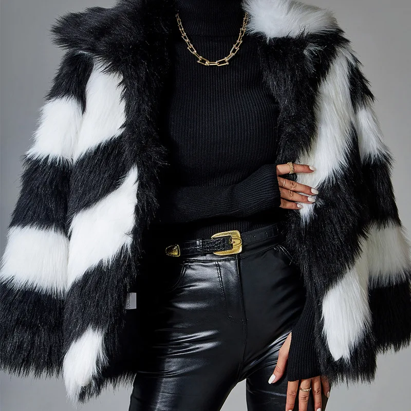 2022 Fox Fur Coat Faux Fur Women's Furry Stitching Double-sided Black and White Striped Long-sleeved Lapel Fur Coat Winter Women