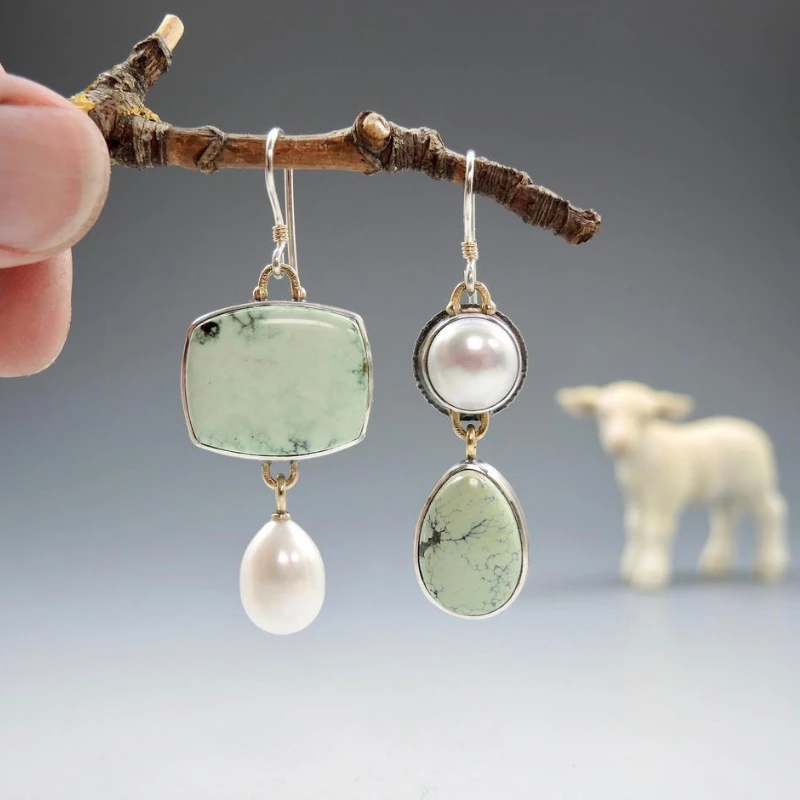 

New Handmade Lime Colored Agate and Freshwater Pearl Earrings Asymmetrical Oxidized Antique Silver Color Earrings for Women