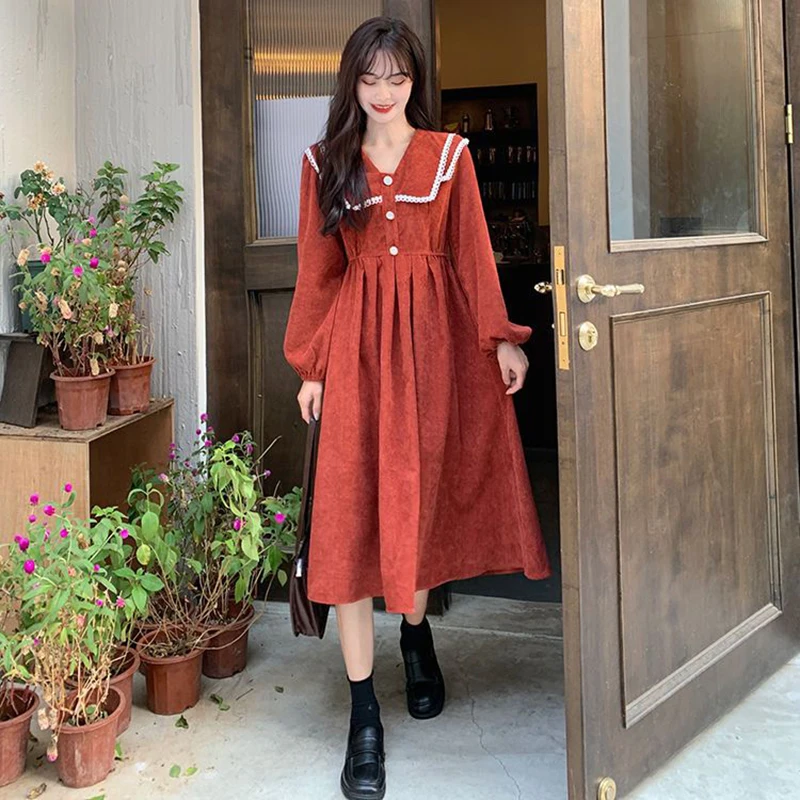 

2023 Autumn Winter Vintage Corduroy Folds Dresses Woman French Temperament Dress Women Lace-Up Waist Long Sleeve Clothes