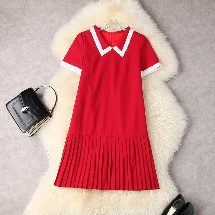 

European and American women's wear spring 2022 new Short sleeve heavy bead lapels Fashionable spliced pleated dress