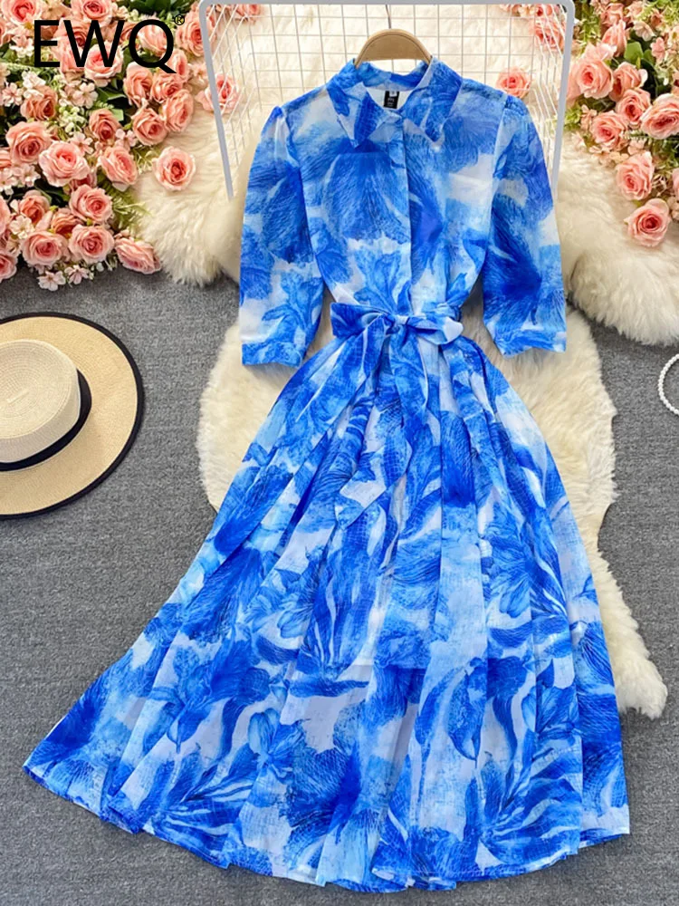

EWQ Sweet Style Puff Sleeve Lace-up Contrast Color Print High Waist A-line Tie Dye Women's Dress 2023 Autumn New Dresses SN3553