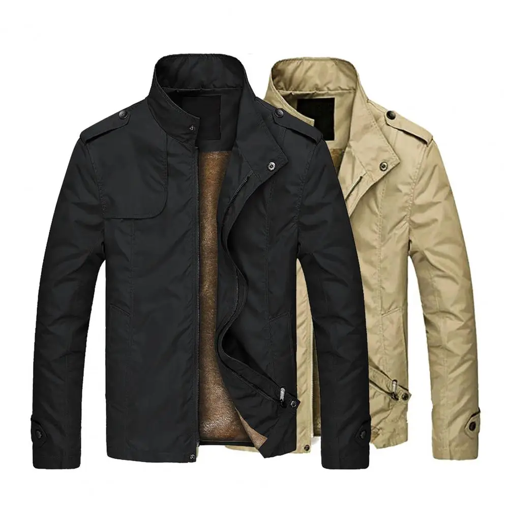 

Stylish Male Jacket All-Match Men Coat Solid Color Plush Lining Zipper Closure Coat Skin-friendly