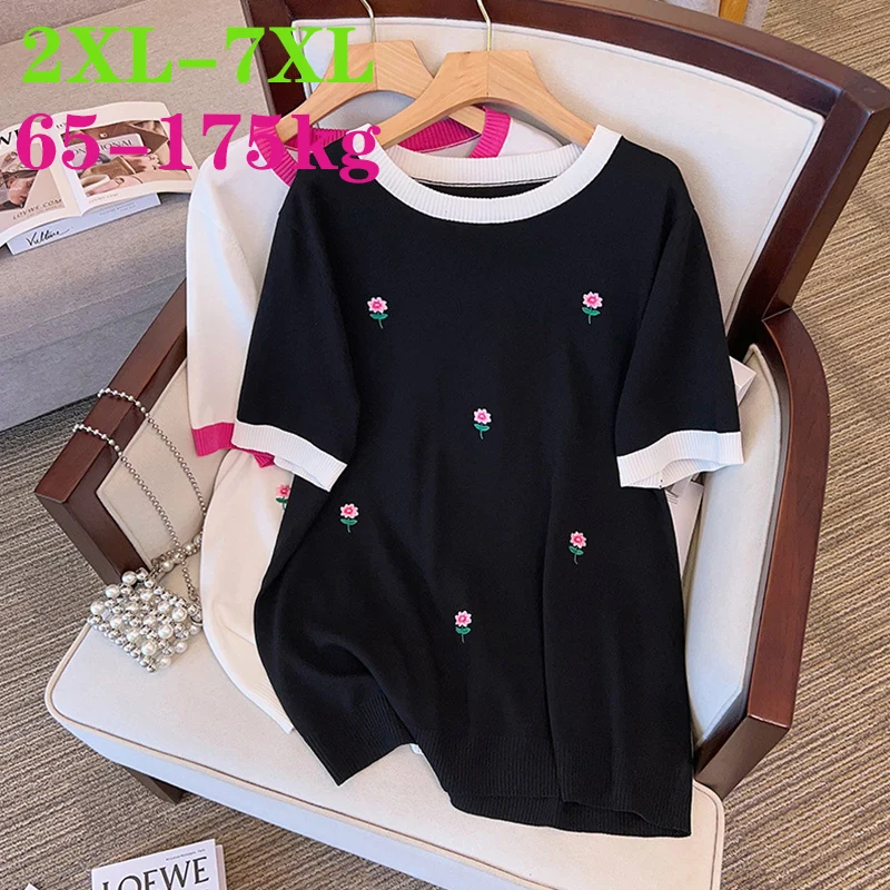 

T-Shirts for Fat Women Ice Silk Knitted Tops Big Size Summer Clothing Short Sleeve Show Slimming Effects Tees 6XL 7XL 175kg
