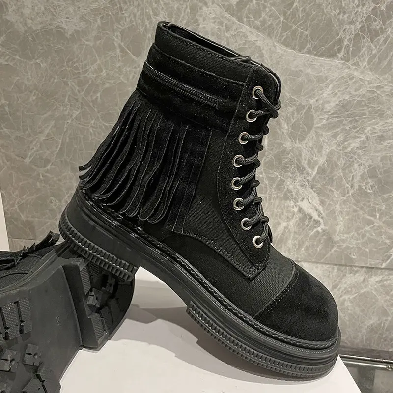 2023 Faux Suede Boots Platform Chunky Ankle Boots Women Autumn Winter Thick Heels Botas Woman Lace Up Casual Motorcycle Shoes