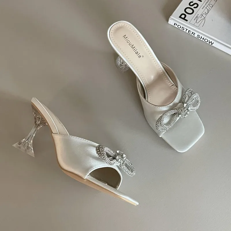 2023 Summer New Fashion Rhinestone High-heeled Sandals and Slippers Square Head Crystal Bow Wine Glass with Women's Shoes