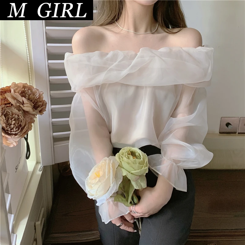 Romance Sweet Tops Blouses Sexy Off Shoulder Mesh Shirt Slim Femme Puff Sleeves 2022 Korean Chic Elegant Blusas