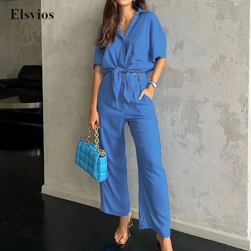 

Casual High Waist Trousers Suits Commuter Elegant Short Sleeve Bow Shirt And Pocket Pant Outfits Fashion Solid Women 2 Piece Set