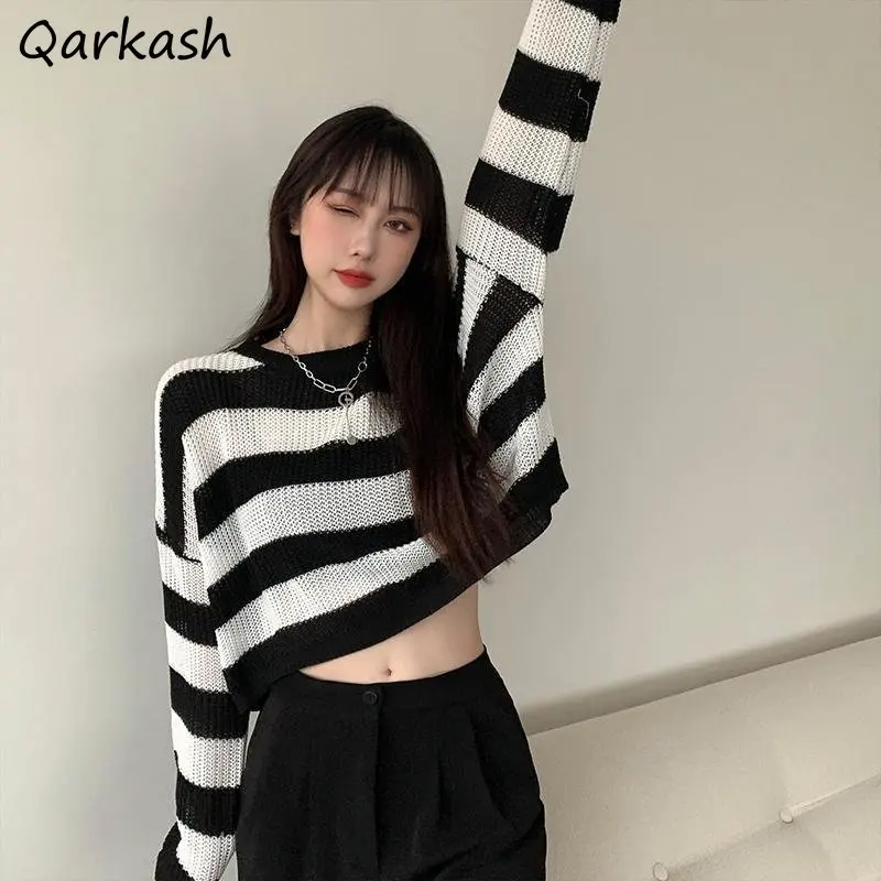 

Striped S-6XL Pullovers Women Thin Sun-proof Smock All-match Harajuku Casual Cropped Sweaters Knitting Females Prevalent Chic