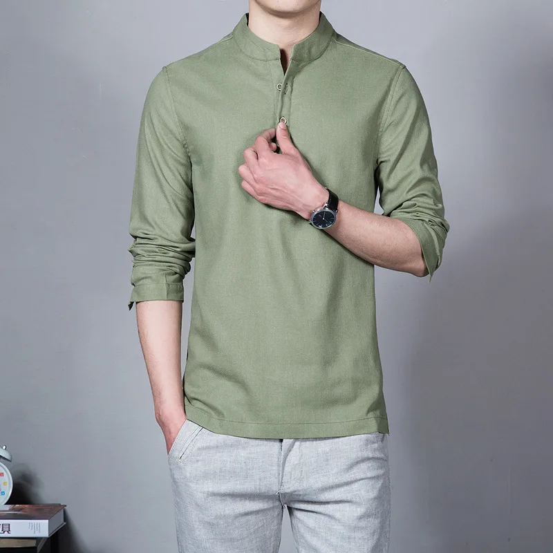 Mattswag Mens Cotton Linen Stand Collar Long Sleeve T Shirt Spring Autumn Solid Color Fashion Men's Clothing Casual Camisa Homme