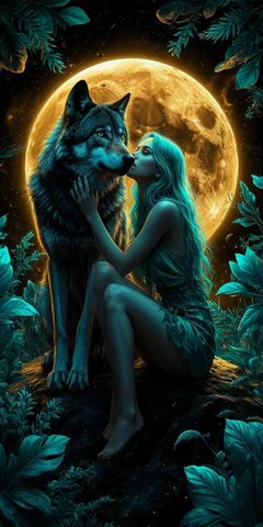 Алмазная живопись Fullcang "Луна Женщина и Волк", большой размер