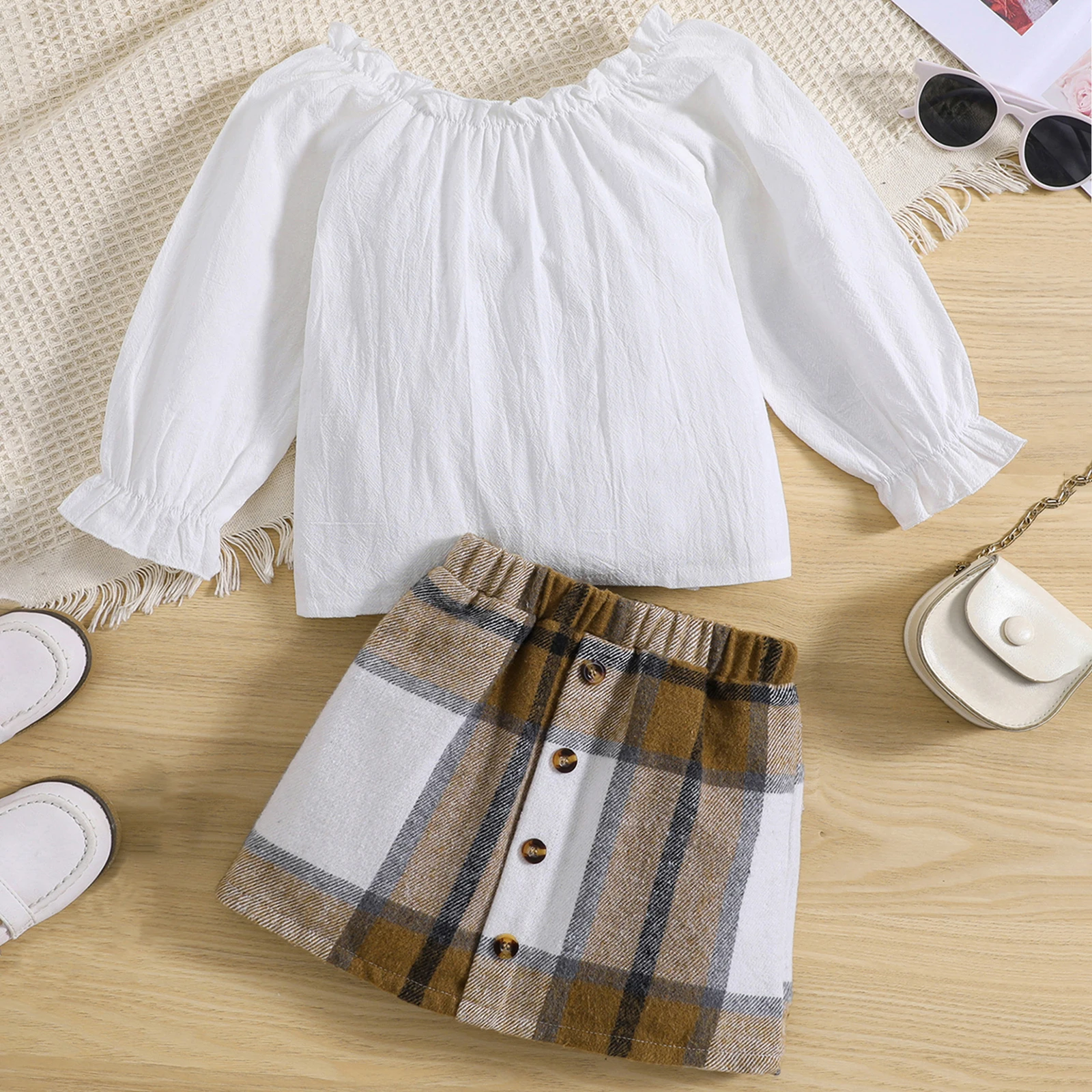

BeQeuewll Kids Girls Skirt Dress Set For Fall Spring Long Sleeve Off-shoulder T-shirt with Plaid Skirt 2-piece Outfit