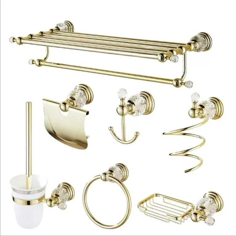 

NEW IN Gold Crystal Bathroom accessories Set Brass polish finish Wall Mounted Bathroom Products Set 84890