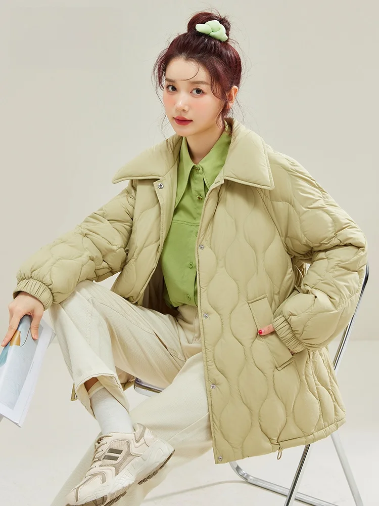 Snow Flng Mid-Length Waist Hugging Down jacket Women 2024 New Simple Shirt Collar Versatile Winter Fashion Outerwear