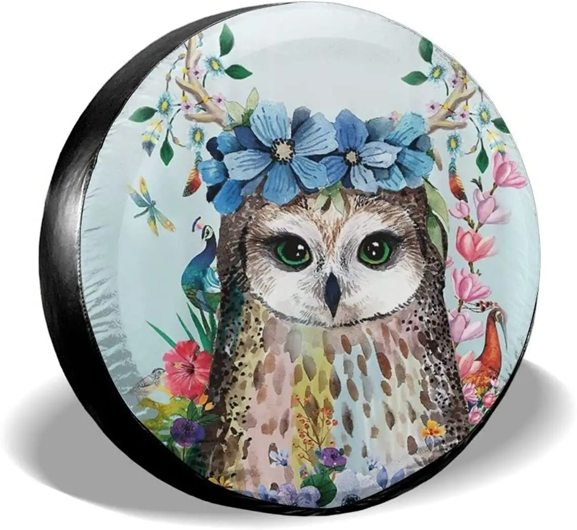 

Spare Tire Cover,Tree Art Animal Bird Owl Floral Turquoise,Wheel Protectors Waterproof Universal Tire Covers