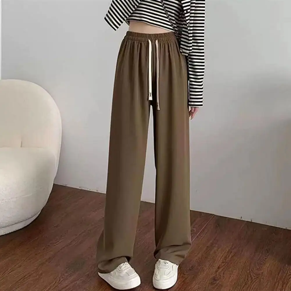 

Women Pants High Waist Ice Silk Long Pants Thin Straight Wide Leg Suit Trousers Elastic Waistband Drawstring Pants Streetwear