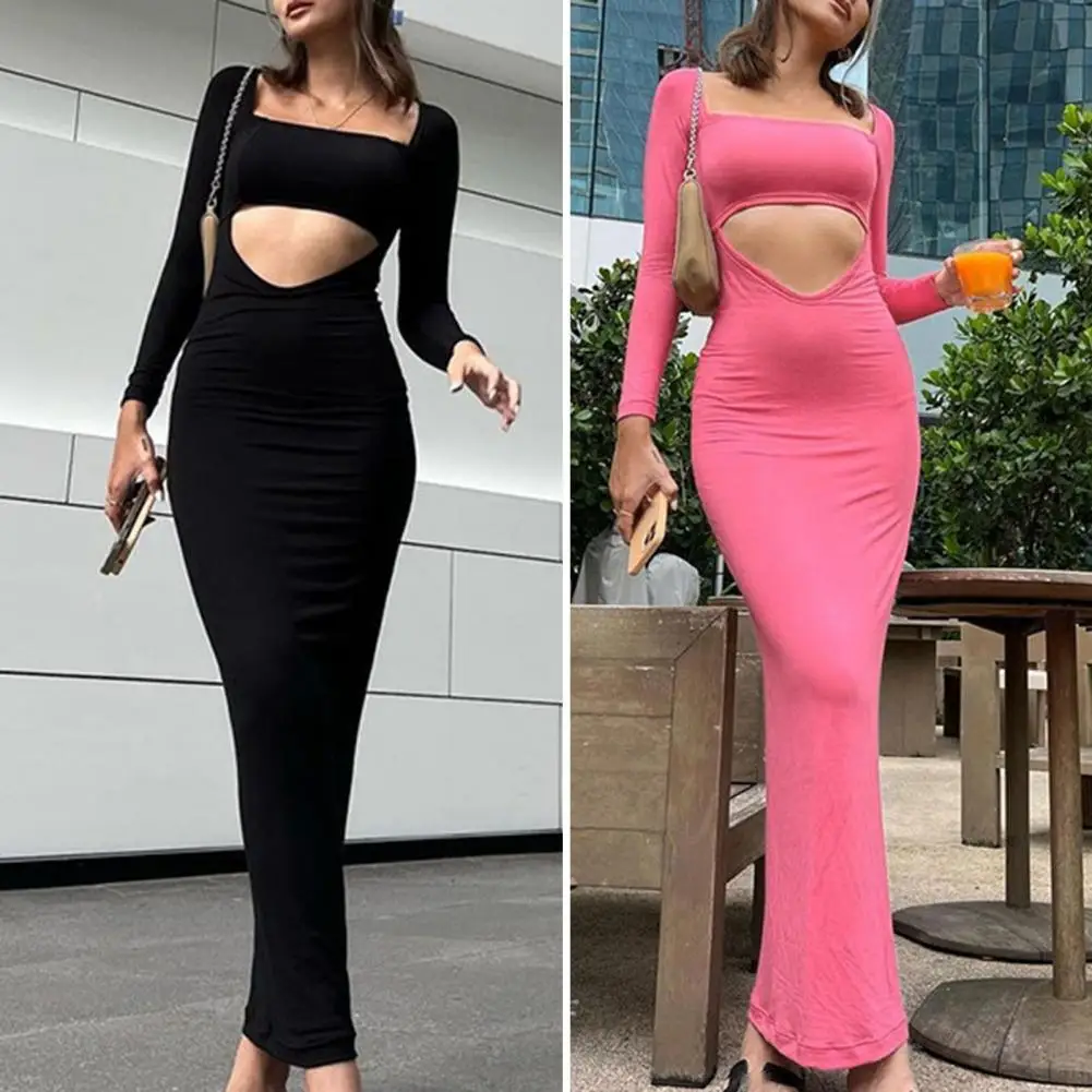 Square Collar Bandeau Front Hollow Long Sleeve Hip Wrap Lady Dress Autumn Solid Color Bodycon Maxi Dress Streetwear Vestido Robe
