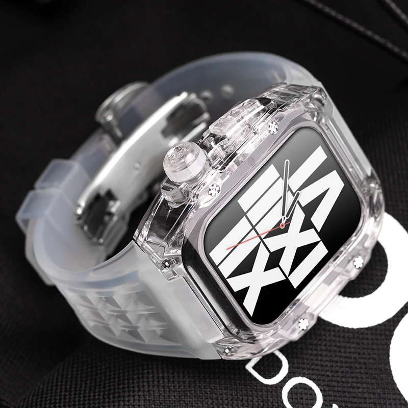 Luxury Transparent Modification Kit For Apple Watch Ultra 49mm Fluororubber Case&Band For iWatch Series 8 7 6 5 4 SE 45MM 44MM