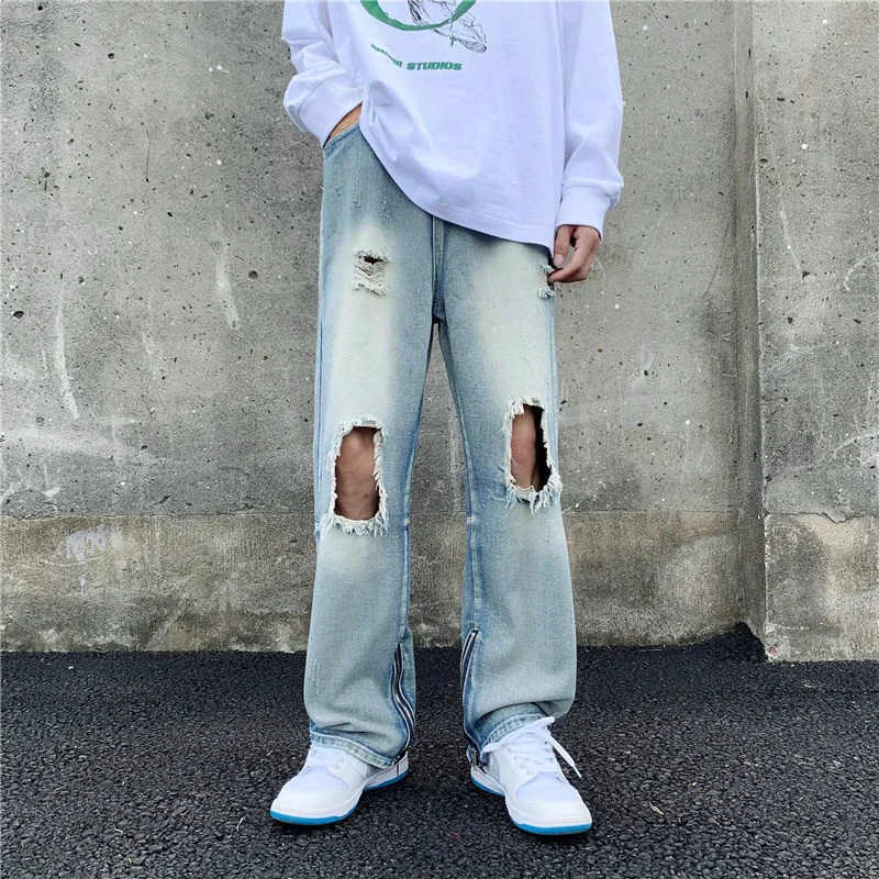 Summer Blue Baggy Jeans Men Fashion Casual Hole Straight Jeans Men Streetwear Hip Hop Loose Wide Leg Denim Pants Mens Trousers