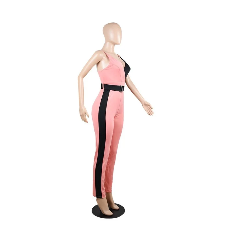 Casual Black White Double Patchwork Suspender Jumpsuits Women Summer Slim Skinny Sport Fitness Bodysuits Female Fashion V-neck
