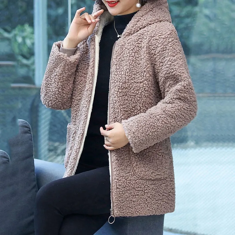 Mother Winter Women Fur Lambswool Polar Fleece Plus Velvet Cotton Jacket Coat Oversized Overcoat Hooded Female Outerwear Parkas