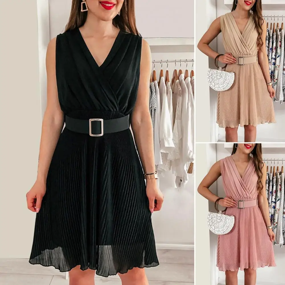 

Summer Solid Chiffon V-Neck Pleated Dresses for Women 2022 Elegant Belt Slim Dress Sexy Wrap Folds Sleeveless Dresses Vestidos