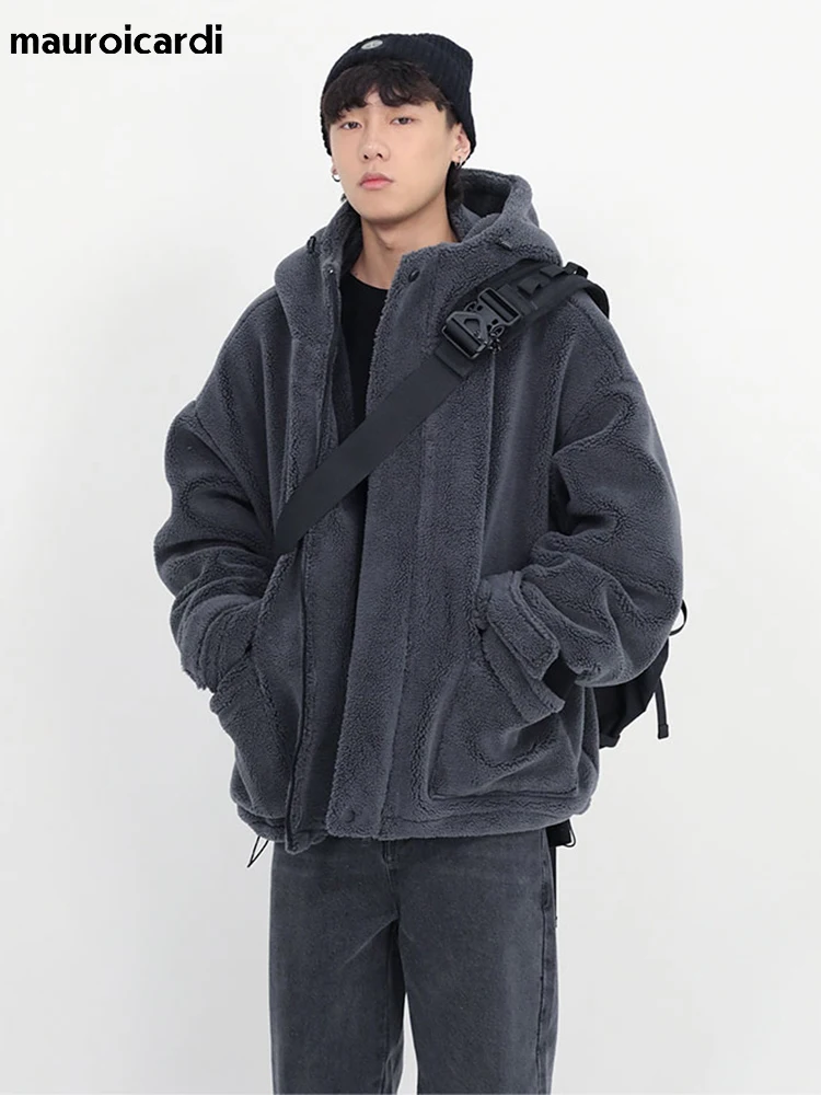 Men With Hood Zip Up Fluffy Loose Casual Faux Lamb Fur Coat 