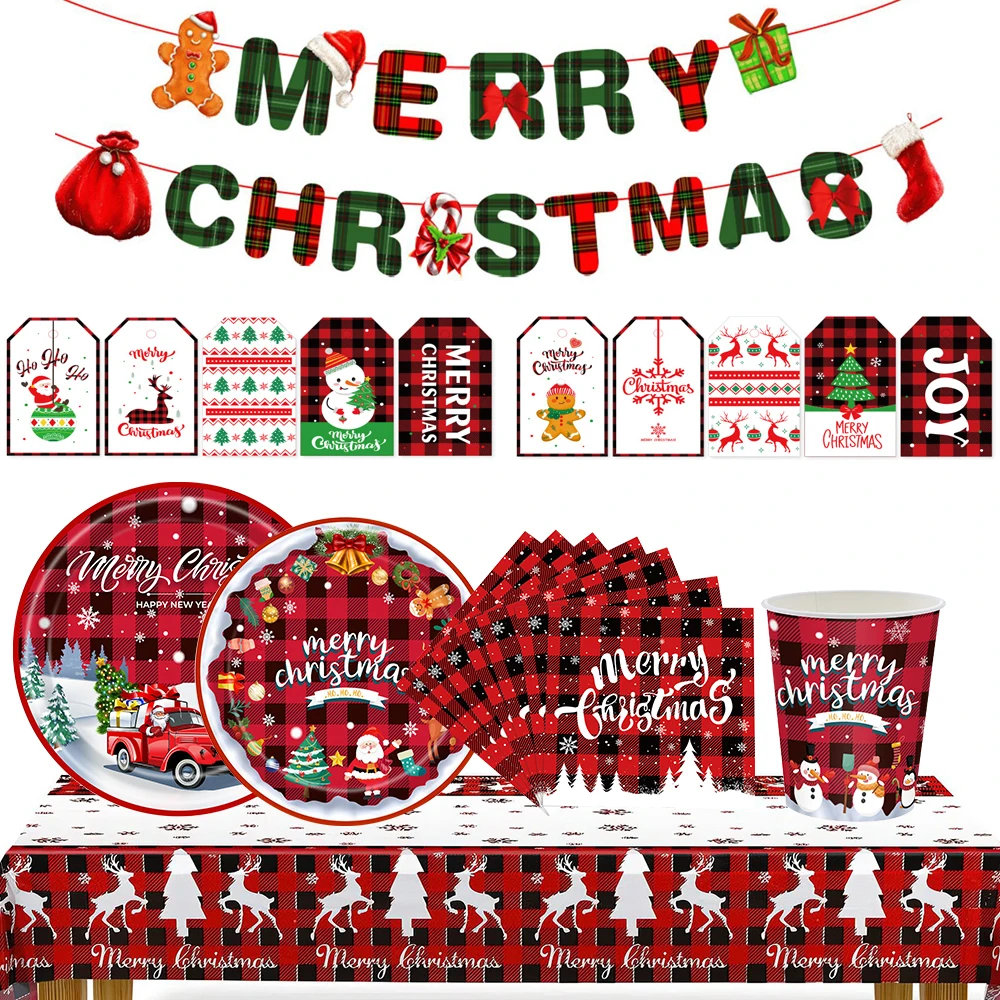 

10PCS Christmas Plaid Tableware Carton Santa Claus Red White Paper Cups Plate for Merry Christmas Home Party Table Decorations