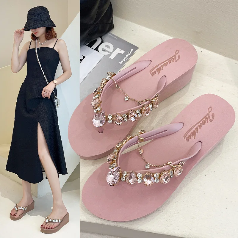 

Women Summer Outdoor Rhinestone Chain Wedge Beach Slippers Jelly Hawaiian Flat Sandals Glitter Flip Flops Slippers