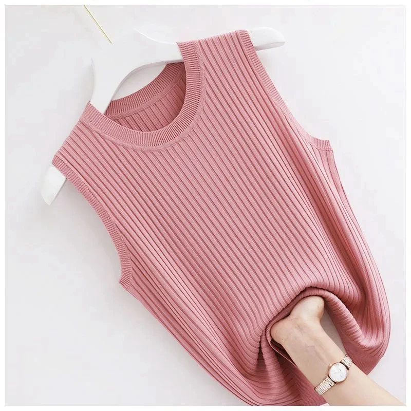

Fashion Women All-match Sleeveless Knit Tank Top Korean Summer New Female Clothing Thin Slim Short Solid Pullover Casual Vest