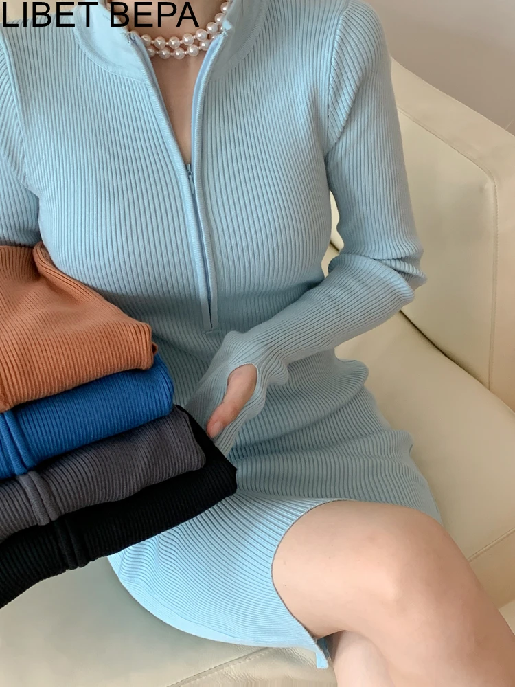 

New 2022 Wild Chic High Waist Korean Fashion Knitted Vintage Package Hip Sexy Zipper Women's Autumn Winter Mini Dresses DR4016DG