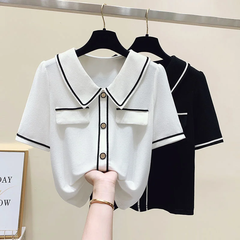 

Chic Women Black White Contrast Color Knitted T-shirt Korean Style Double Pocket Short Sleeve Knitwear Top Casual Female Clothes