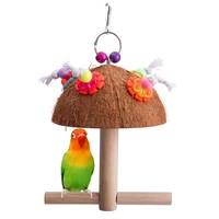 bird swing toy wooden perch stand coconut shell chew toys cage accessories for small birds parrots easy to hang