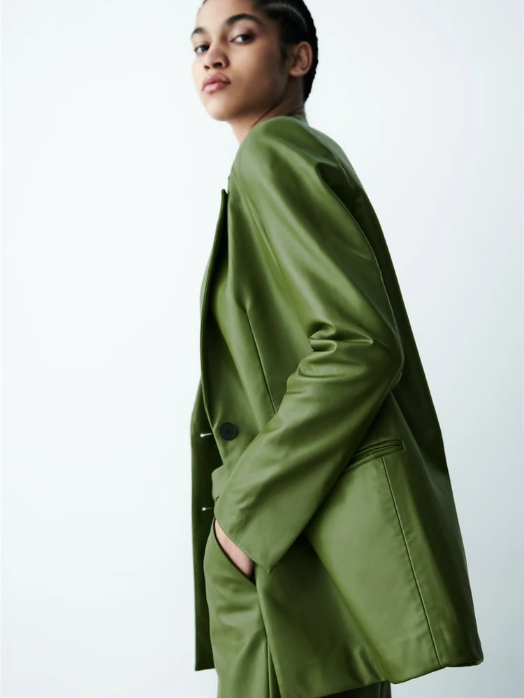 KEYANKETIAN  2022 spring and autumn new women's imitation leather jacket retro green single-breasted PU leather suit