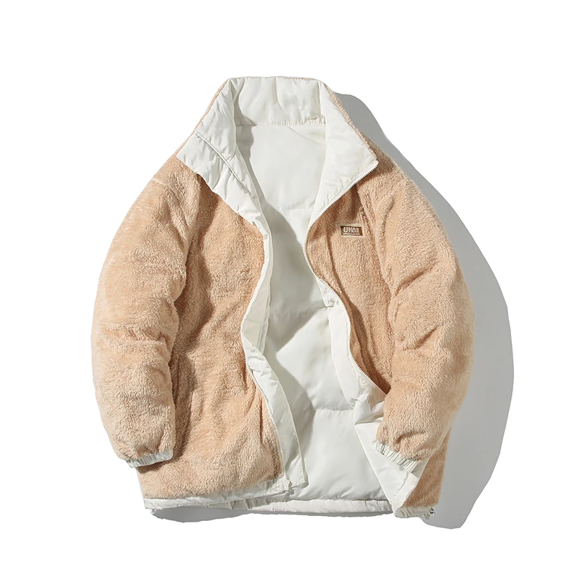 Men Two Sides Lambswool Winter Puffer Jacket 2023 Oversized Vintage Bubble Coat Warm Outwear Fur Parkas