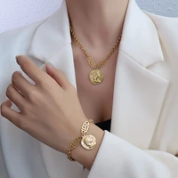 carlidana 2pcsset simple queen image tarnish free gold color stainless steel coin necklace bracelet jewelry sets women