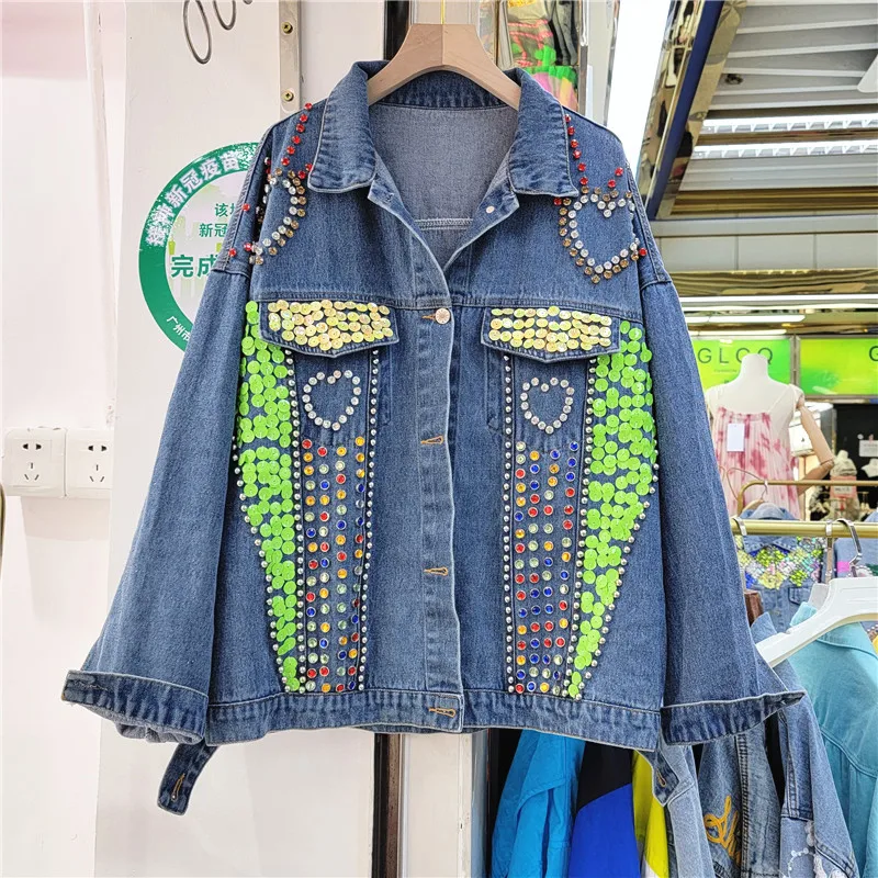 

2022 Autumn New Rhinestone Sequined Jeans Coat Women Heavy Industry Loose Denim Jacket Female Blue Jean Jackets Feminino Casaco