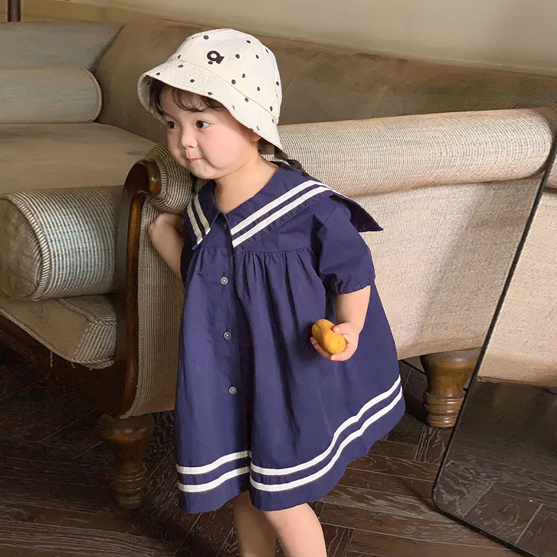 

2023 Summer New Girls Naval Style Dress Cotton Children Sailor Collar Clothes Baby Girl Short Sleeve Princess Dress
