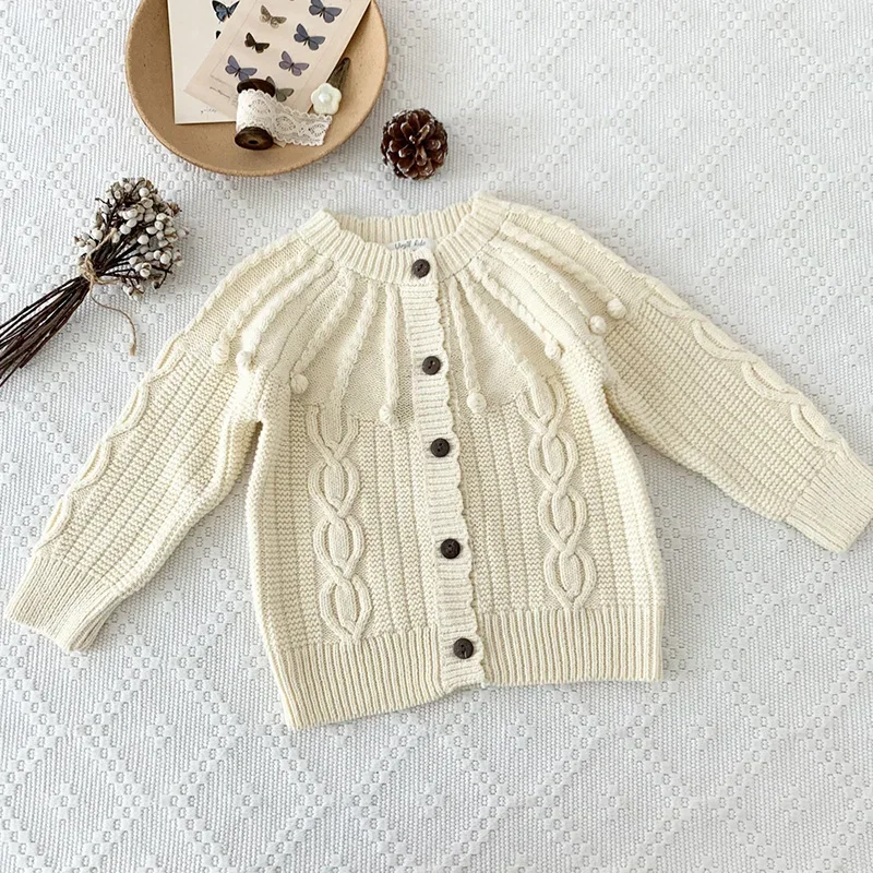2025 год вязаный кардиган с шариками для маленьких девочек свитера длинными