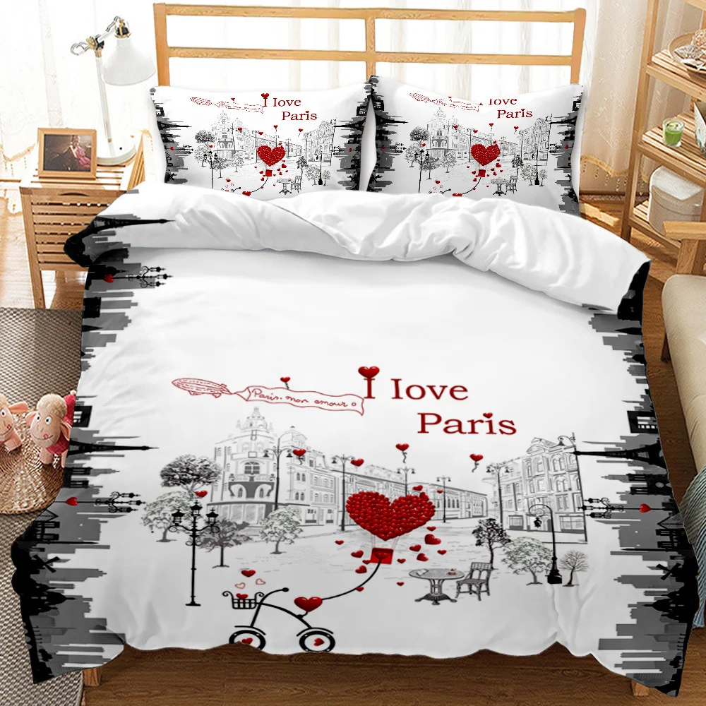 

British Style Duvet Cover Set Cartoon Small Fresh I Love Paris Bedding Set Polyester Paris Street Scene Quilt Cover for Kid Teen