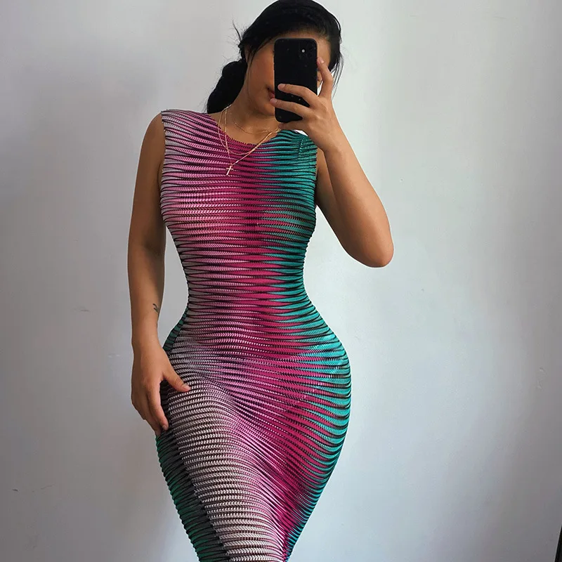 

Women Summer Sleeveless See Through Bodycon Striped Mini Dress Sundress 2022 Female Clothing Streetwear Wholesale Items