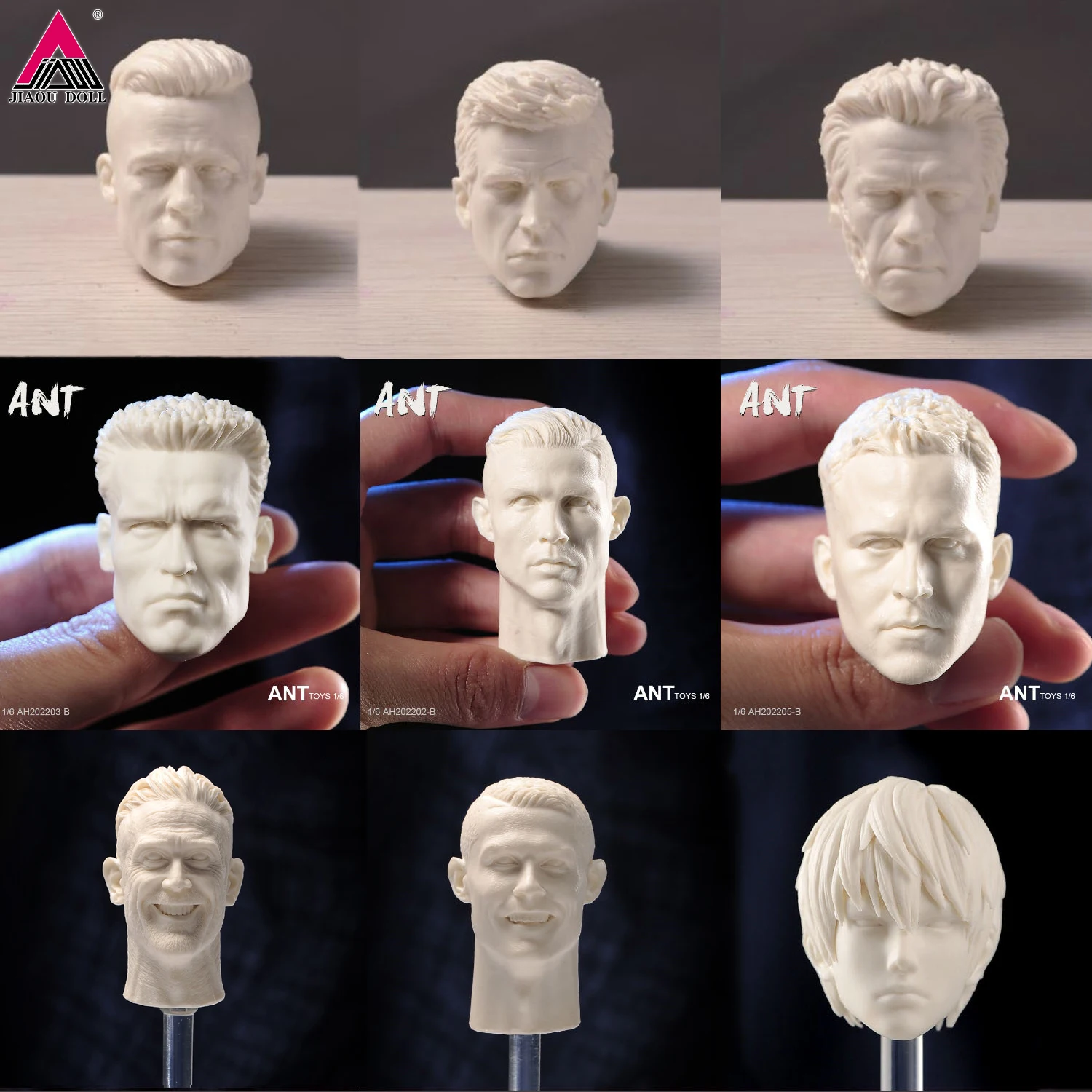 Unpainted 1/6 Man Head Sculpt Carving Kylin Zhang Brad Pitt Paul Walker Ronaldo Bruce Willis Fit 12'' Male Soldier Action Figure