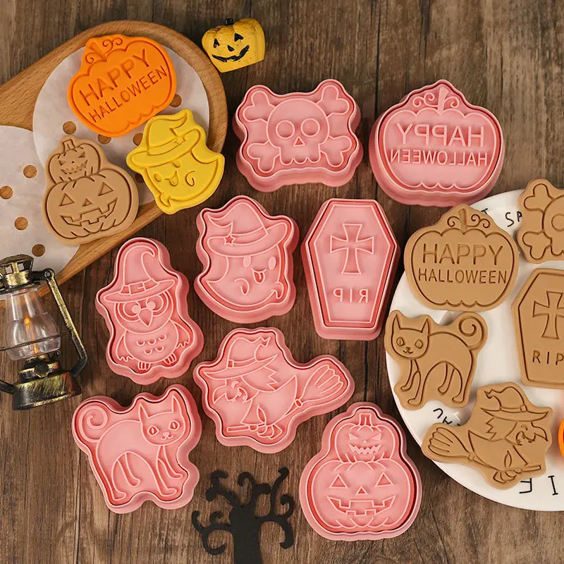 

8Pcs/set Halloween Pumpkin Ghost Cookie Cutters Plastic 3D Cartoon Pressable Biscuit Stamp Chocolate Mold Cake Decorating Tools