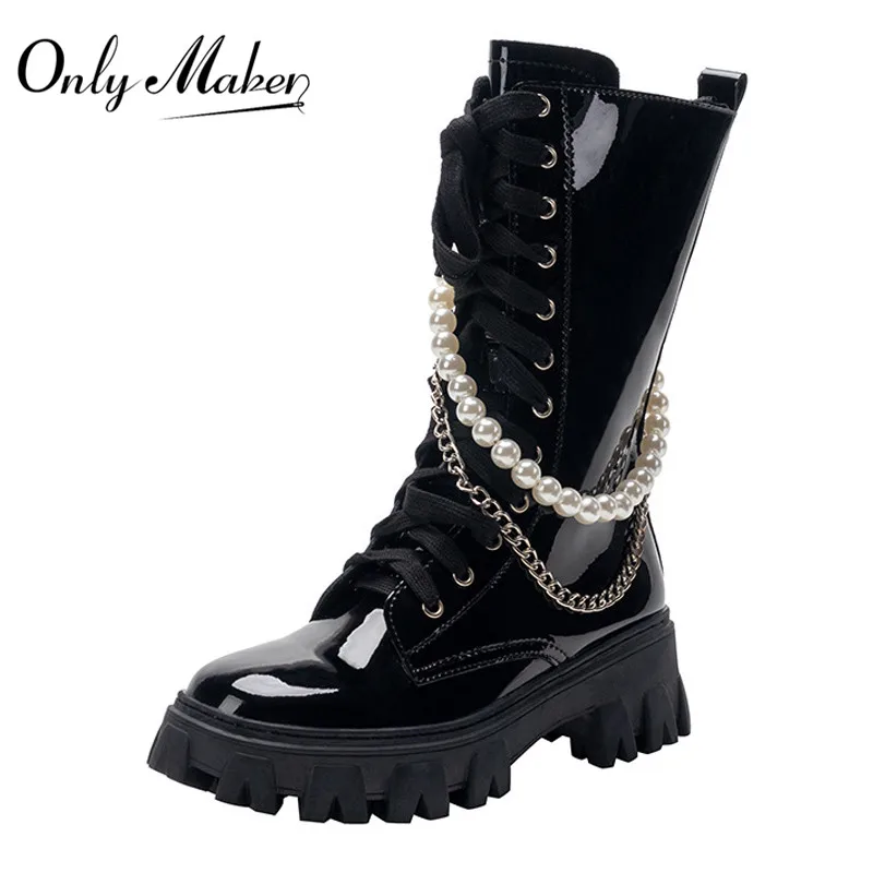 Купи Onlymaker Women Ankle Boots Round Toe Black Patent Leather Lace UP Side Zip Winter Warm Fashion Party Female Motorcycle Boots за 3,599 рублей в магазине AliExpress